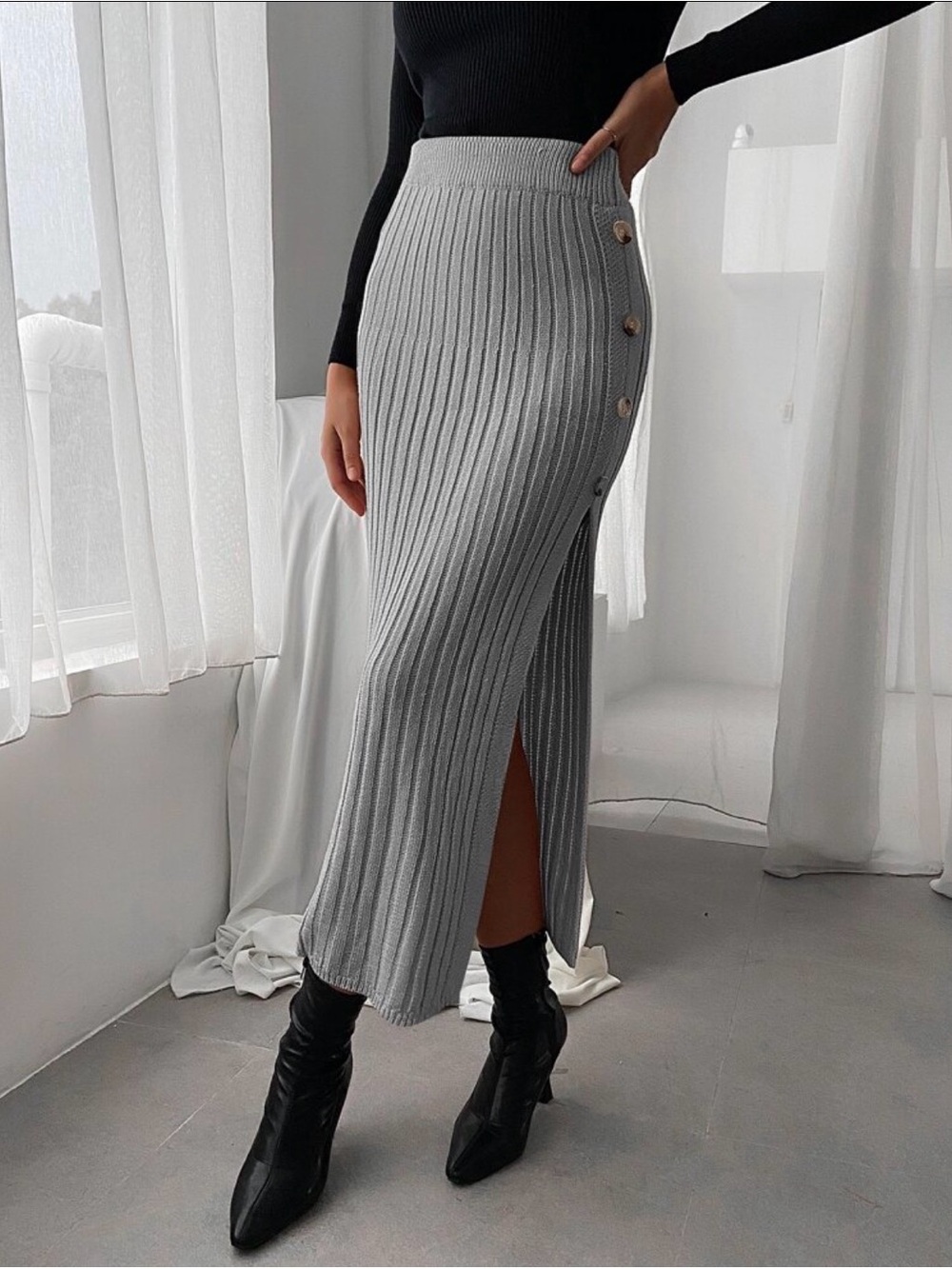 Gray Ribbed Knit Midi Skirt Button Detail Slit NWOT Size L